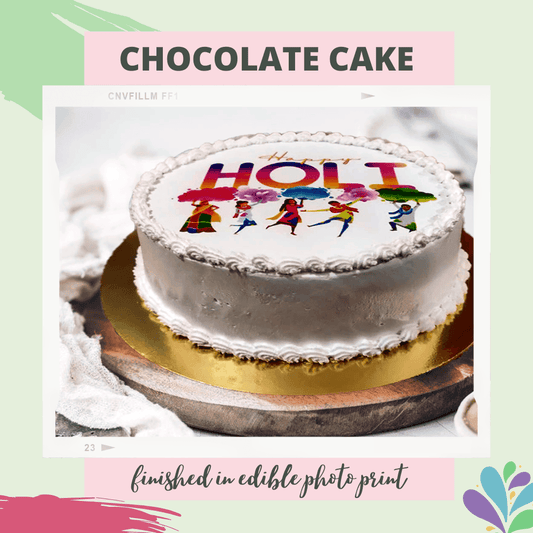 Holi Special Chocolate Cake with edible photo print - Sentient Steps - Healthy Vegan Cakes